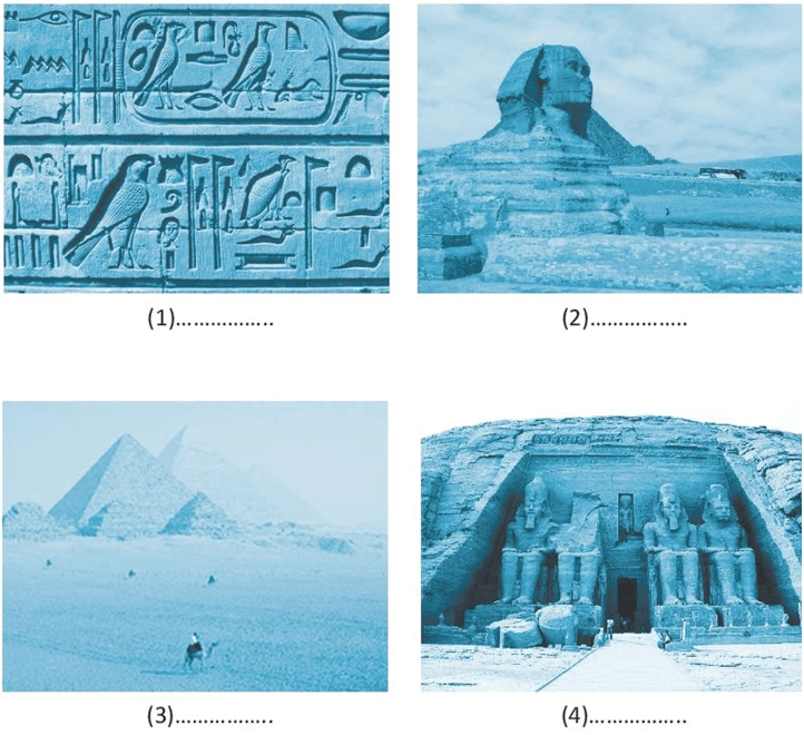 : Nối tên các di sản lịch sử của Châu Phi với các bức tranh sao cho phù hợp với các kim tự tháp, đền thờ Abu Simben, tượng người và các chữ tượng hình.
